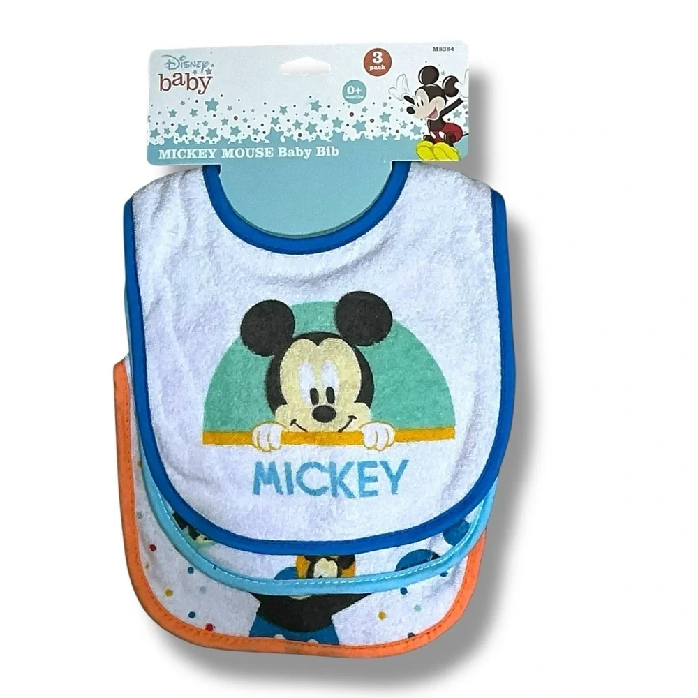 Disney Mickey Mouse Baby Bibs Absorbent Terrycloth VeIcro Closure 3 Pc 0-18 mo